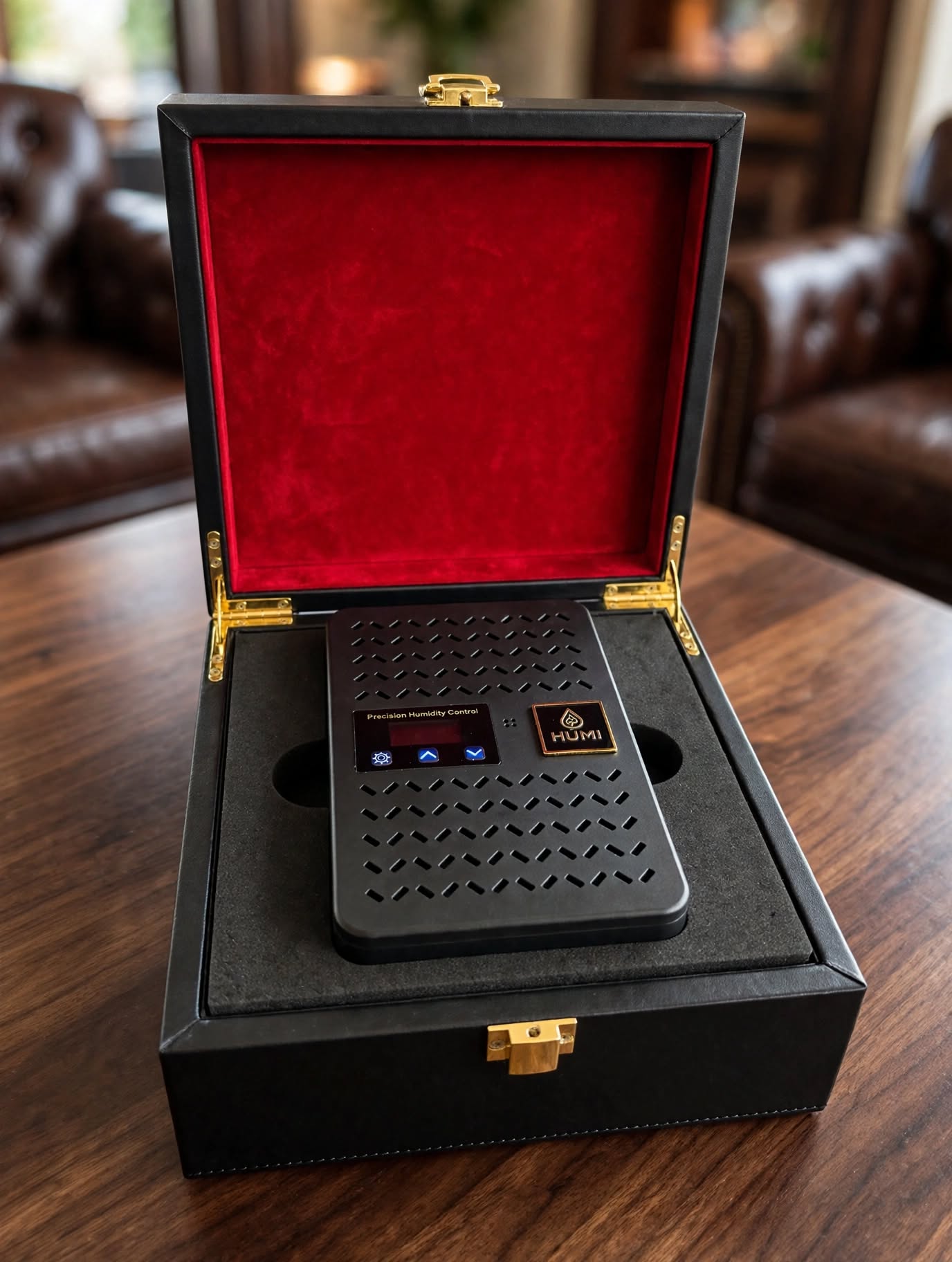 HUMI inside its open black presentation case with red lining and gold hardware