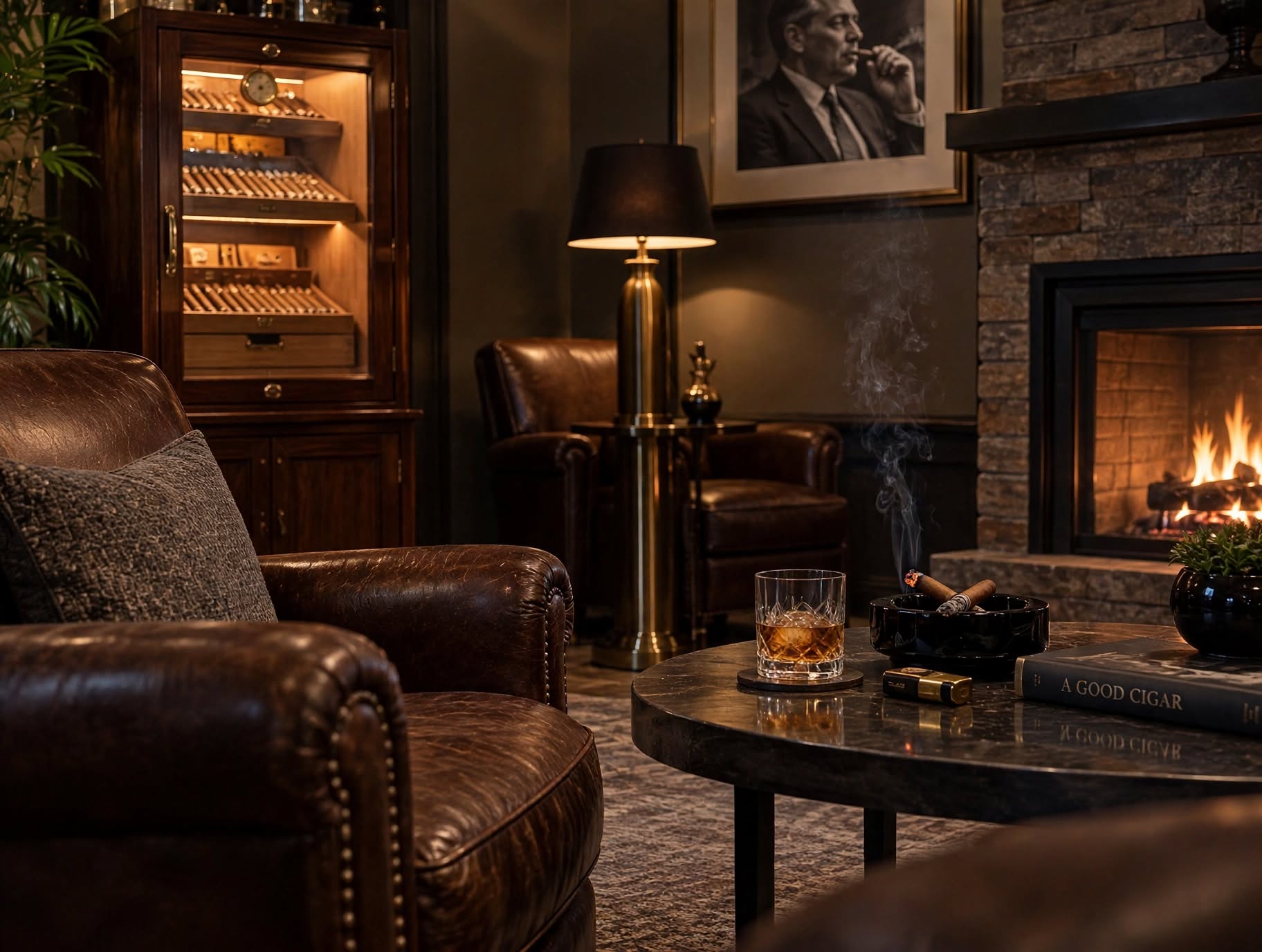 Premium cigar lounge with leather armchairs, a lit fireplace, cigar, humidor cabinet and books
