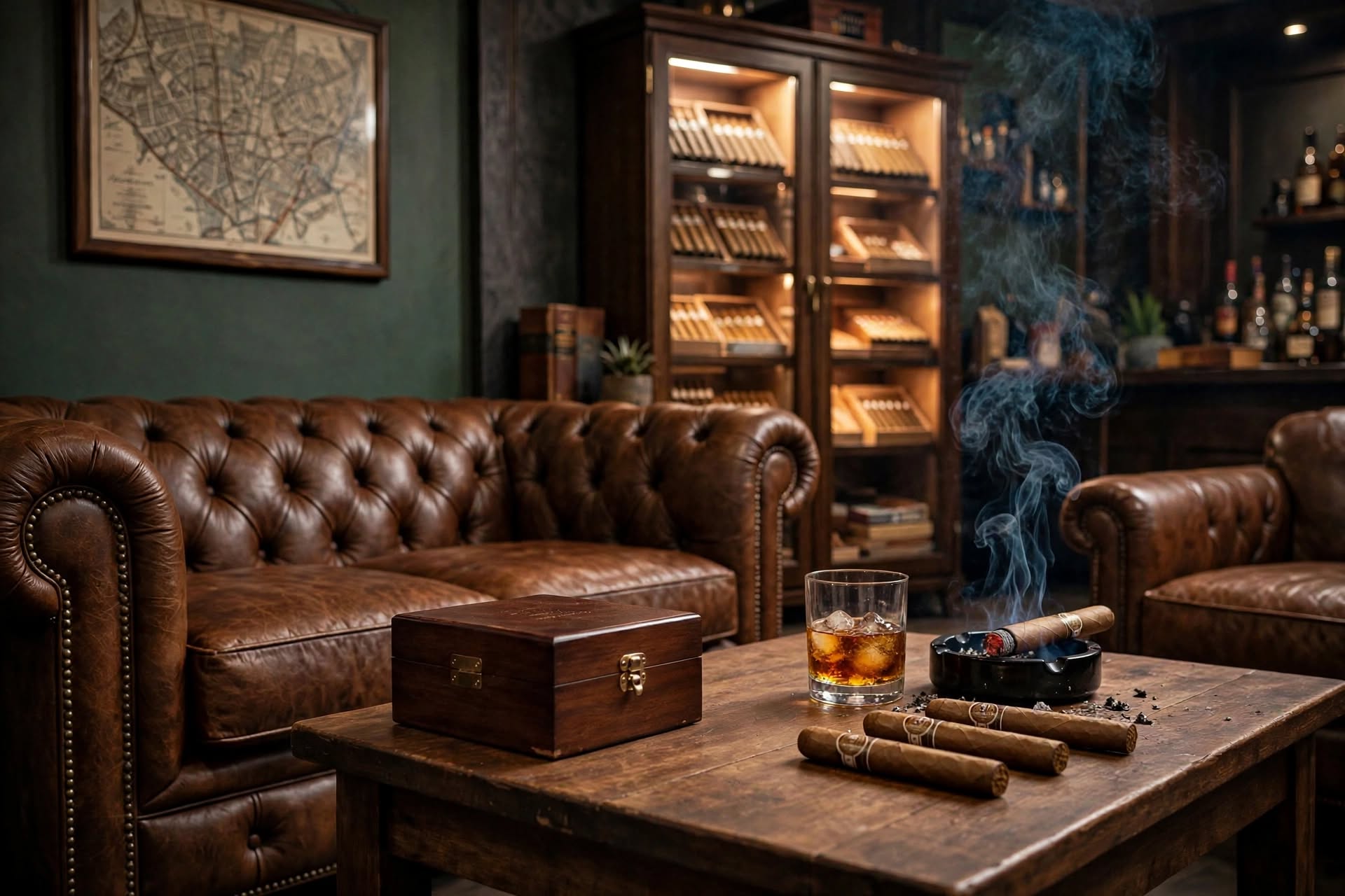 Wooden cigar box, textured cigars, a smoking ashtray and whiskey in a private leather lounge