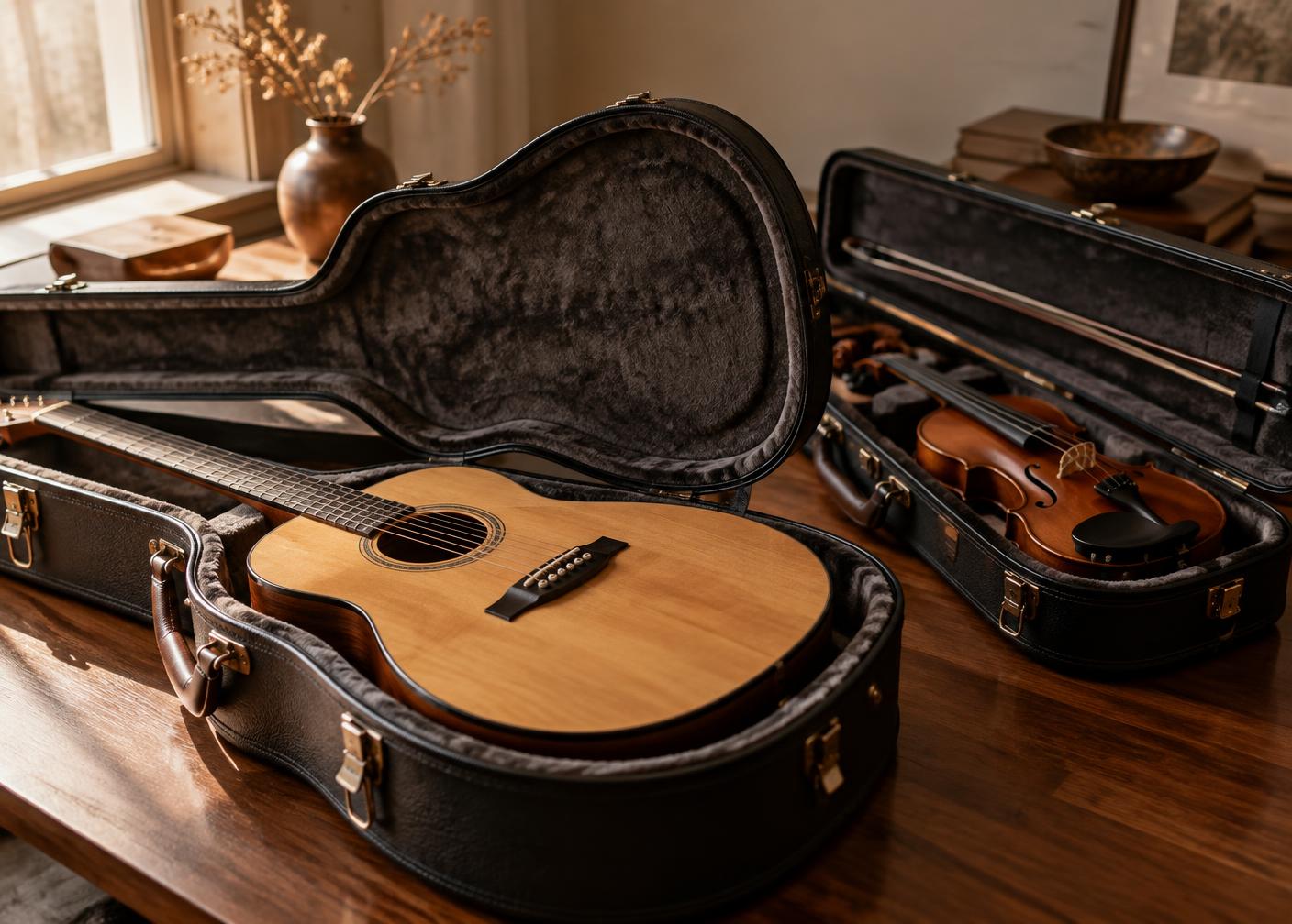 Acoustic guitar resting in its open fitted hard case beside a violin in its own lined case, carefully stored in warm window light