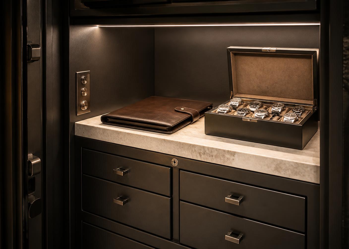 Premium home safe interior with graphite drawers, a stone shelf, a leather folio and a watch box