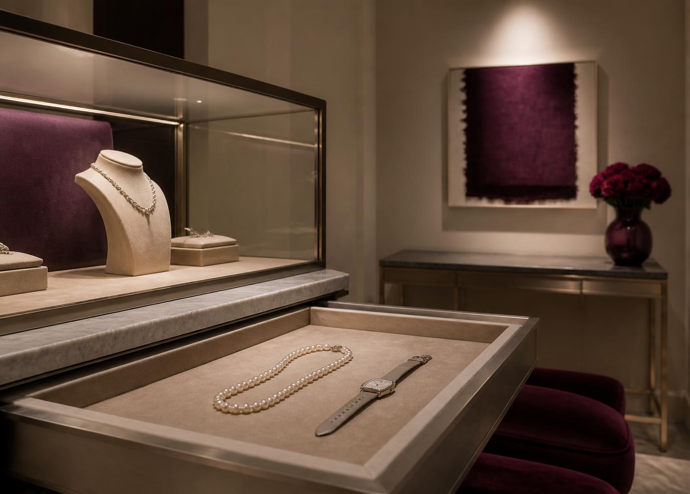 Open champagne velvet jewelry drawer with a pearl strand and watch in a private salon